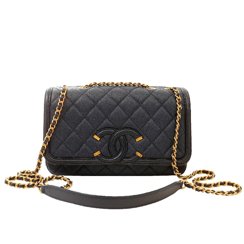 Chanel bags with intricate metal hardwareChanel Navy Caviar Filligree Crossbody w/ Gold Hardware