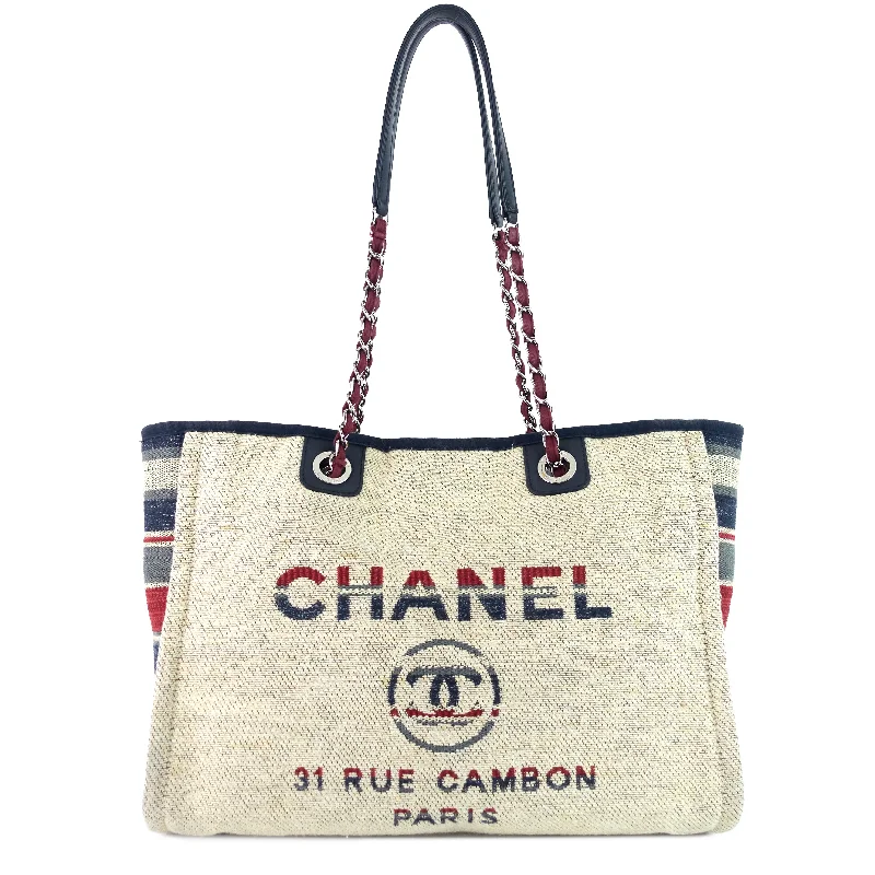 Chanel bags with intricate metal hardwareDeauville Small Canvas Shopping Tote Bag