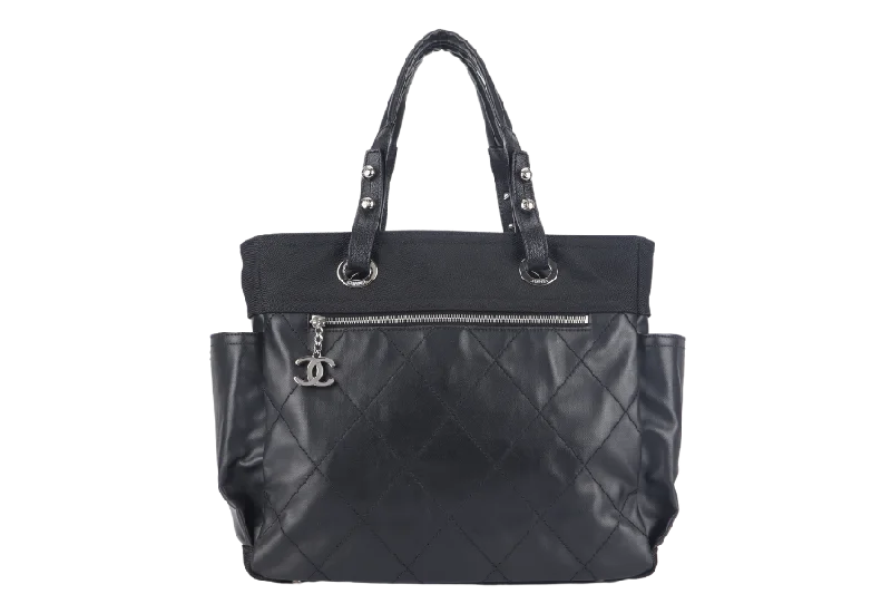 Chanel bags for women with minimalist styleCHANEL PARIS BIARRITZ MEDIUM TOTE (1251xxxx) BLACK COATED CANVAS SILVER HARDWARE WITH CARD, DUST COVER AND BOX