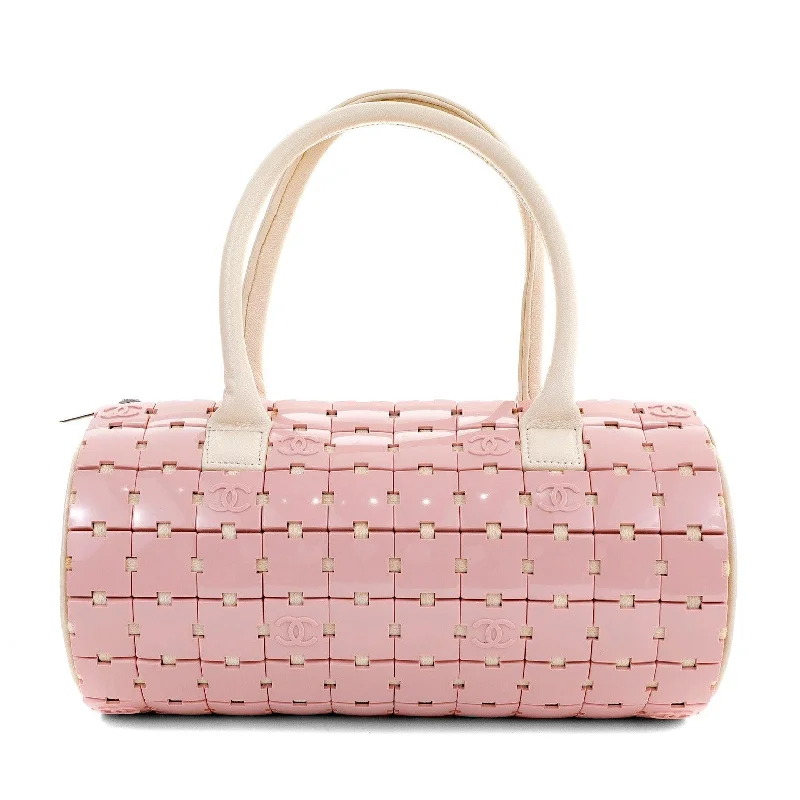 Chanel Designer Handbag with Unique DesignChanel Pink and Beige Lucite Puzzle Mini Barrel Duffel Handbag RARE