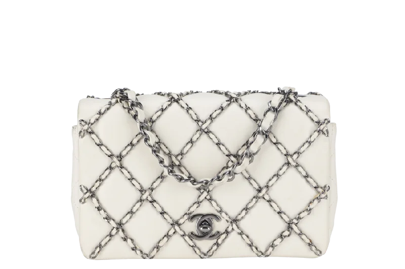 Chanel bags for a polished and professional appearanceCHANEL QUILTING ENCHAINED FLAP BAG (1968xxxx) WHITE LAMBSKIN LEATHER SILVER HARDWARE WITH CARD, DUST COVER AND BOX