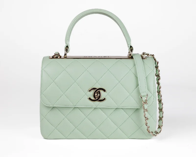 Chanel Quilted Leather Shoulder Bag for FashionistasChanel Seafoam Green Lambskin Coco Top Handle Bag with Gold Hardware