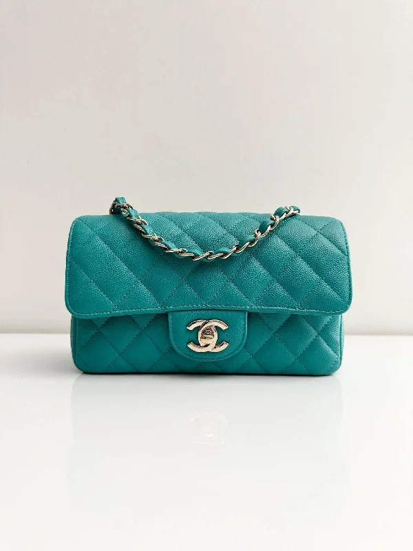 Chanel bags with leather and tweed combinationsCHANEL Tiffany Green Caviar Classic Flap Mini GHW