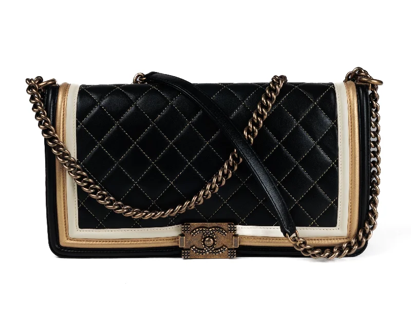 Chanel bags with modern touchesChanel Tri Color Black/Gold/Ivory Medium Boy Bag w/ Antique Gold Hardware