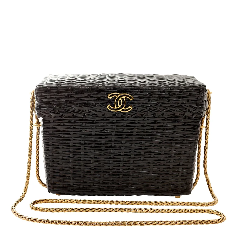 Chanel bags with intricate metal hardwareChanel Vintage Black Wicker Picnic Basket Crossbody w/ Gold CC Hardware