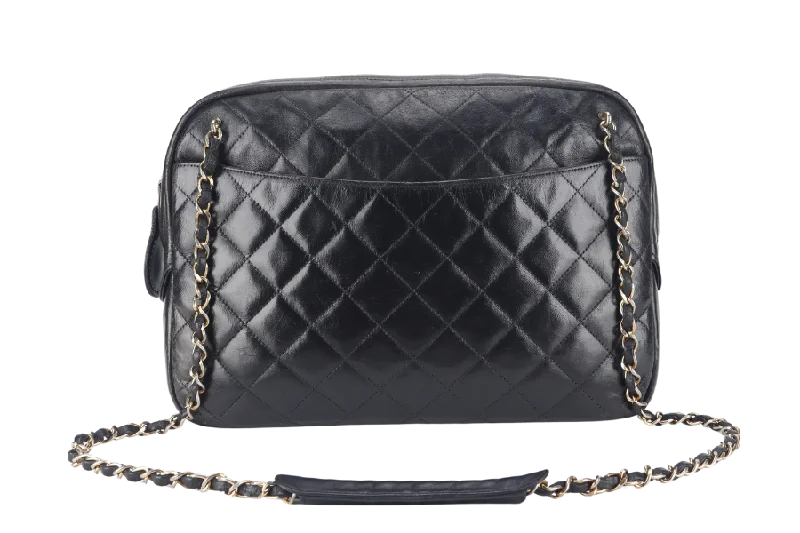 Chanel bags with gold, silver, and pearl accentsCHANEL VINTAGE CAMERA BAG (117xxxx) MEDIUM BLACK LAMBSKIN QUILTED GOLD HARDWARE NO DUST COVER