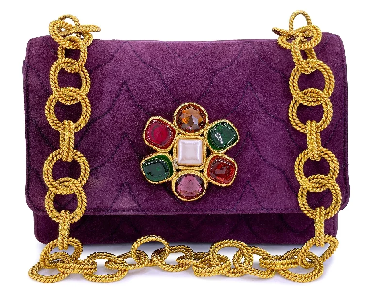 Chanel bags with intricate metal hardwareChanel Vintage Jeweled Gripoix Flap Bag 1991 Purple Quilted Suede 24k GHW 58R