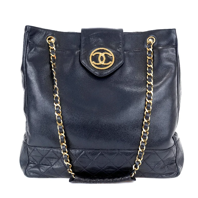 Chanel bags for women with a taste for high fashionChanel Navy Blue Large Tote Lambskin/Quilted Bottom w/ Gold Hardware