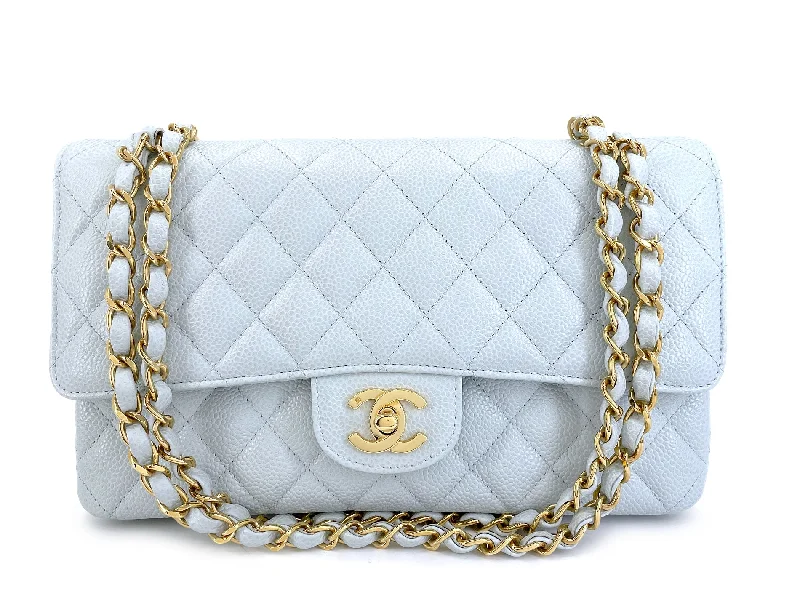 Chanel bags with iconic gold chainsPristine Chanel 2002 Vintage Pale Blue Caviar Medium Classic Double Flap Bag 24k GHW X35