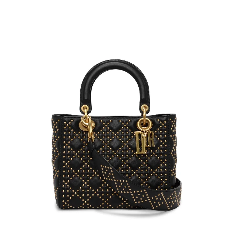 Christian Dior bags with a quilted pattern and gold - toned hardwareDior Black Studded Calfskin Medium Supple Lady Dior Bag