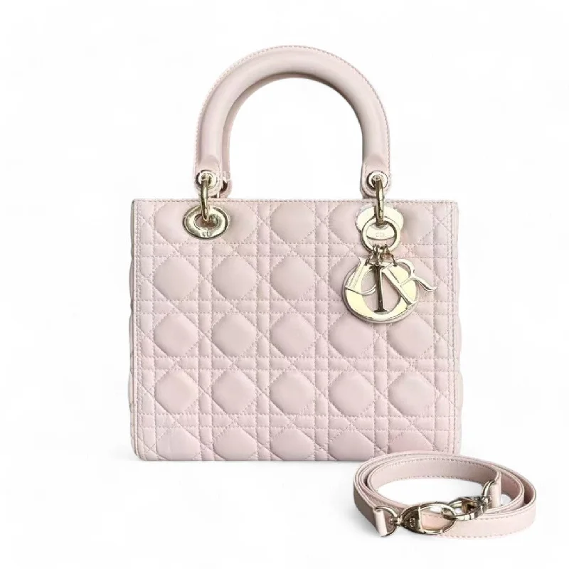 Stylish Christian Dior shoulder bags with a tassel - adorned zipperDior Lady Medim - Cannage Lambskin Sakura Pink Gold Hardware