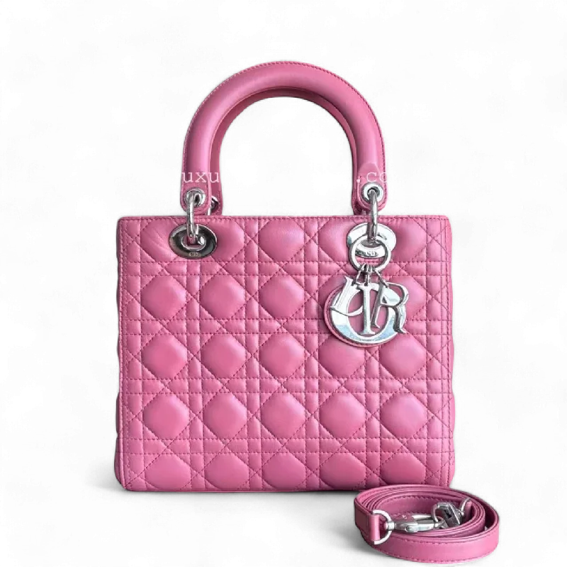 Luxury Christian Dior crossbody bags with a chain - link strapDior Lady Medium - Cannage Lambskin Pink Silver Hardware