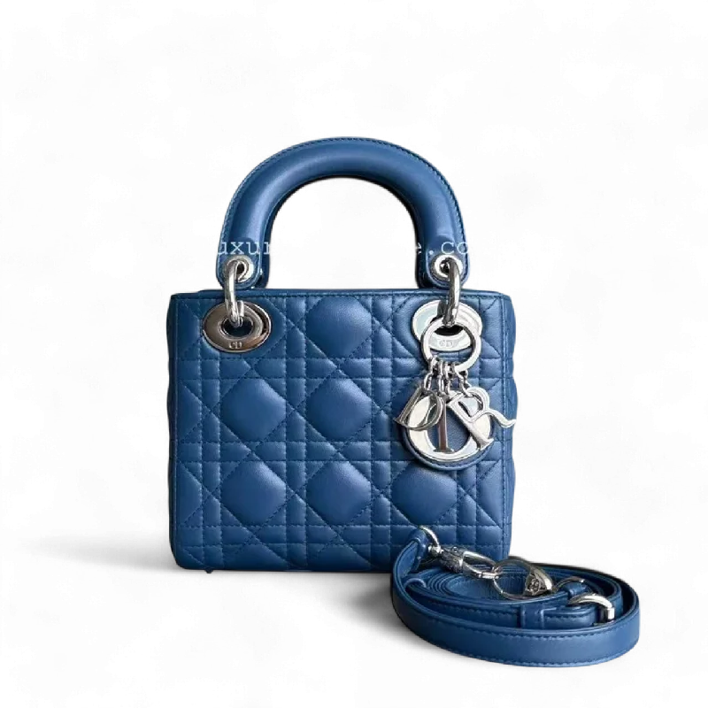 Christian Dior handbags with a snap - button closure and a decorative buckleDior Lady Mini Bag - Cannage Lambskin Blue Adjustable Strap Silver Hardware