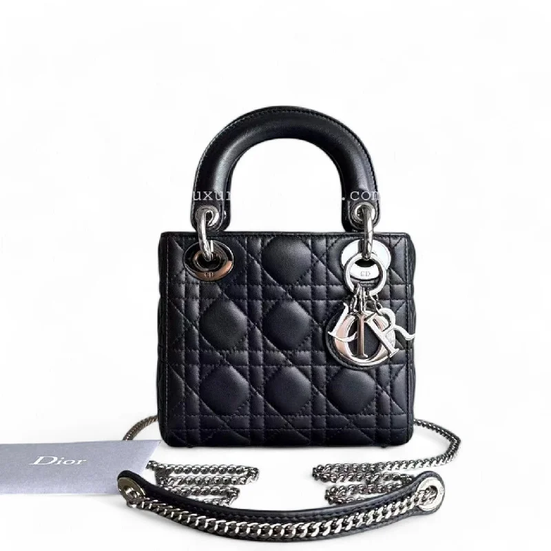 Christian Dior bags with a quilted pattern and gold - toned hardwareDior Lady Mini - Cannage Lambskin Black Silver Hardware Chain Strap