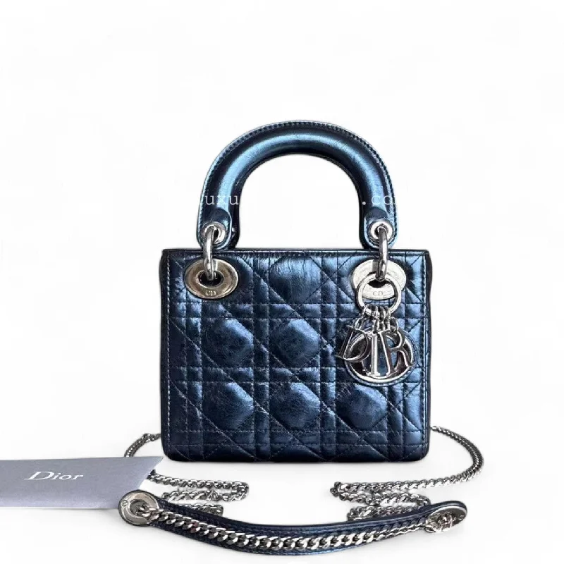 Christian Dior bags with a zip - top closure and multiple compartmentsDior Lady Mini - Glazed Calfskin Metallic Blue Silver Palladium Hardware