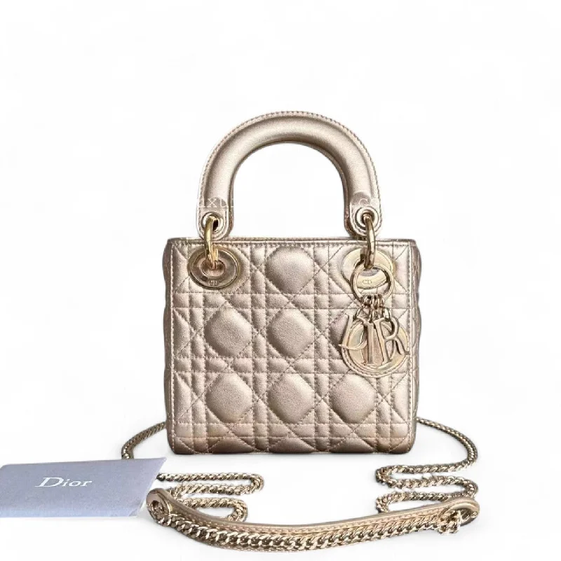 Christian Dior handbags with a detachable mirror for on - the - go touch - upsDior Lady Mini - Lambskin Metallic Cannage Gold Hardware