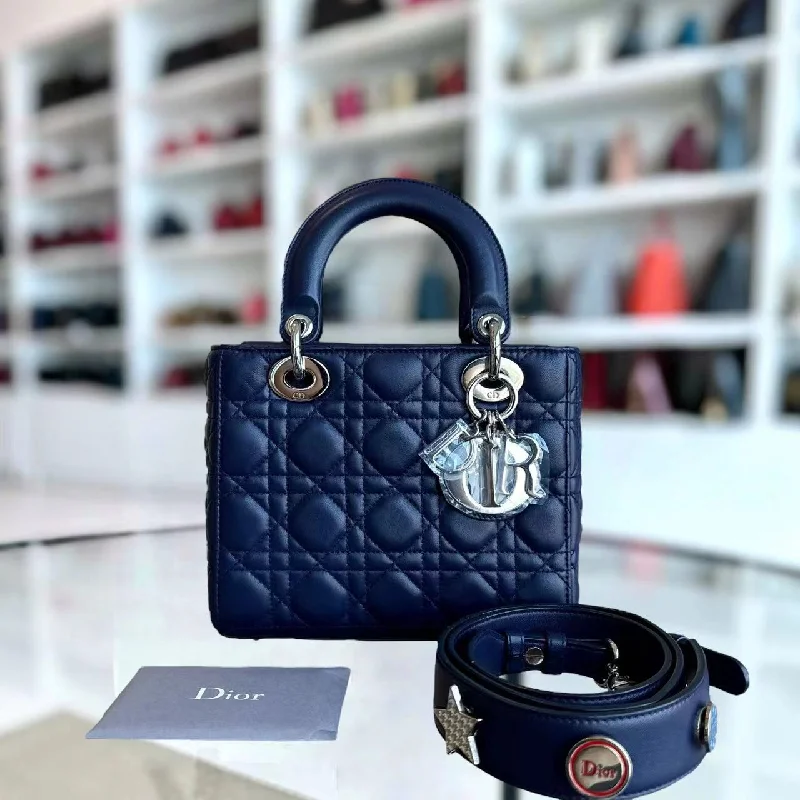 Christian Dior crossbody bags with a front - flap pocket for easy accessLady Small Cannage Lambskin Dark Blue Silver ABC MyABC Hardware