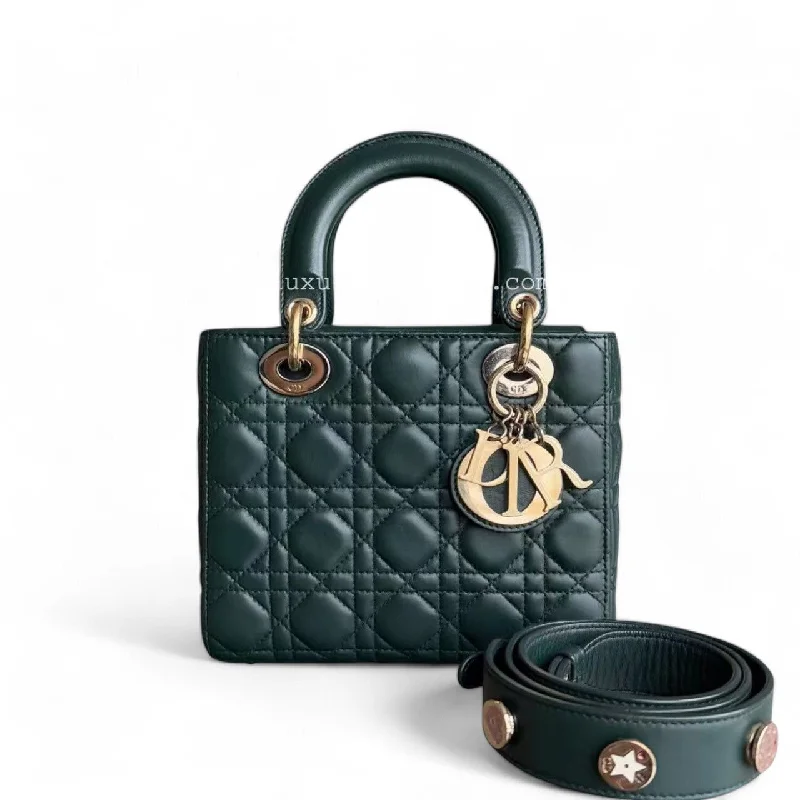 Christian Dior handbags with a removable shoulder strap for versatilityDior Lady Small - Cannage Lambskin Dark Green Gold hardware