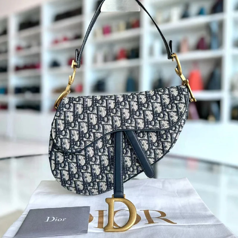 Christian Dior bags with a zip - top closure and multiple compartmentsSaddle Medium Embroidery Canvas Monogram Dark Blue Golden Hardware