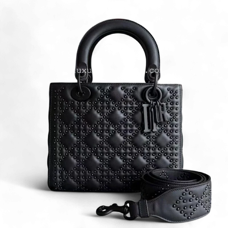 Christian Dior handbags with a snap - button closure and a decorative buckle*Flap Open* Lady All Black Medium Studded Cannage Black Hardware