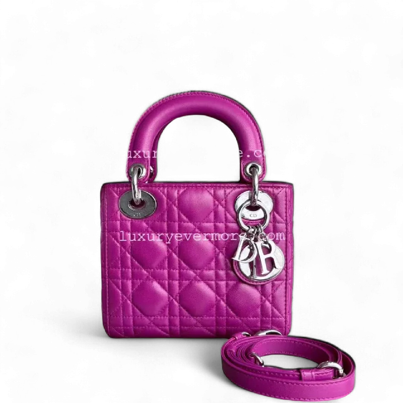 Luxury Christian Dior crossbody bags with a chain - link strap*Full Set Receipt* Dior Lady Mini Cannage Lambskin Purple Violet Silver Hardware Adjustbale Strap