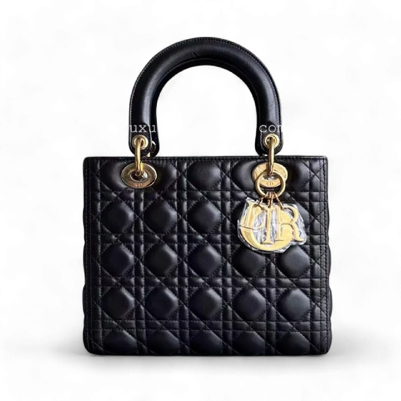 Christian Dior handbags with a removable shoulder strap for versatilityDior Lady Medium Cannage Lambskin Black Golden Hardware