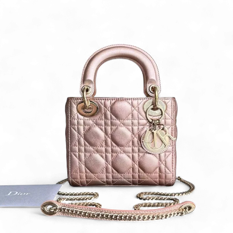 Contemporary Christian Dior handbags with a unique shapeLady Mini Cannage Lambskin Metallic Pink Golden Hardware