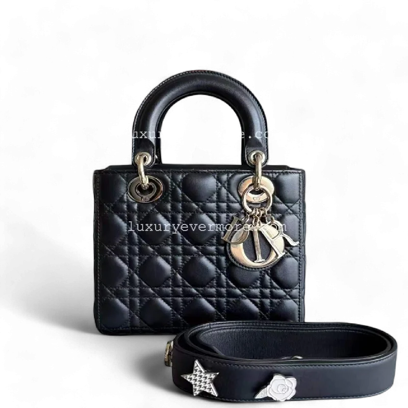 Christian Dior tote bags with a printed Dior logo on the frontDior Lady Small Cannage Lambskin Black Golden Hardware ABC MyABC