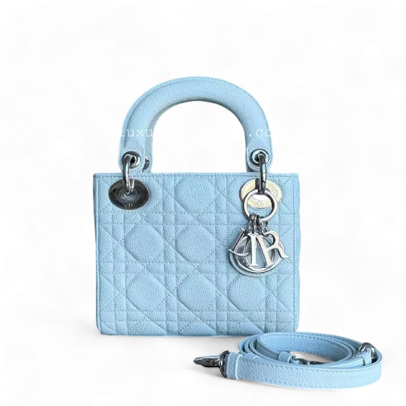 Christian Dior tote bags with a printed Dior logo on the front*Rare Caviar* Dior Lady Mini - Cannage Grained Calfskin Glacier White Ice Blue Silver Hardware Adjustable Strap