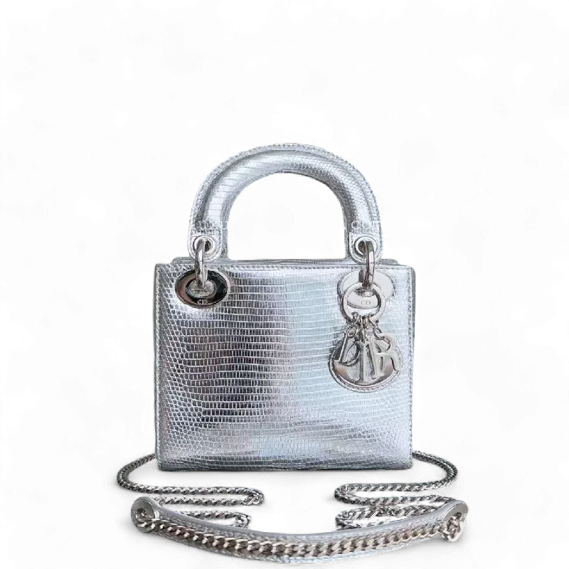 Christian Dior bags with a quilted pattern and gold - toned hardware*Rare* Dior Lady Mini - Lizard Silver Metallic Limited Edition Chain Strap Silver Hardware