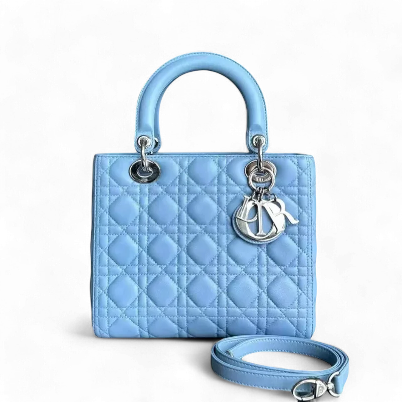 Christian Dior tote bags with a double - handle and shoulder - strap optionDior Lady Medium Cannage Lambskin Light Blue SHW