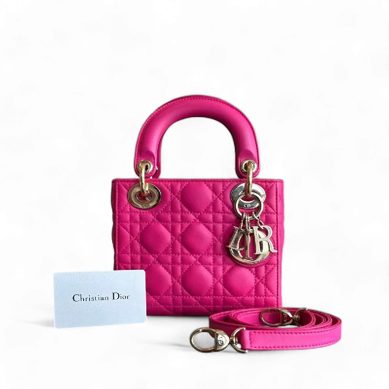 Luxury Christian Dior crossbody bags with a chain - link strapDior Lady Mini Cannage Lambskin Hot Pink GHW